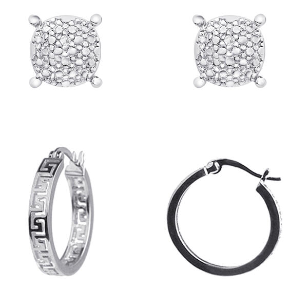 Accents by Gianni Argento Silver Stud & Greek Key Hoop Earrings - image 