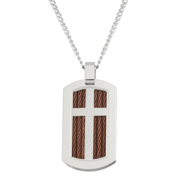Mens Forever New Stainless Steel Cable Wire Cross Dog Tag Pendant - image 