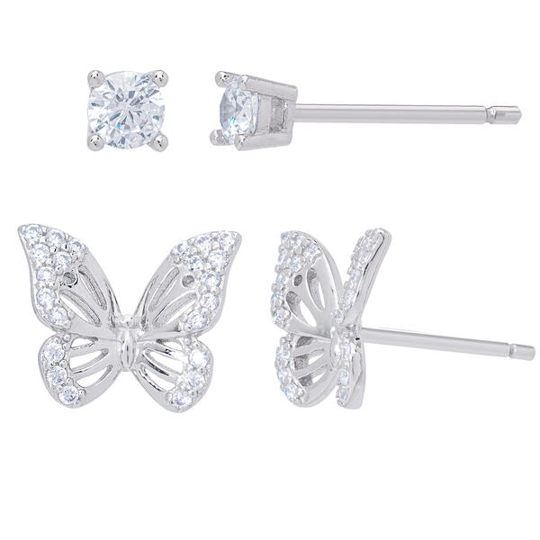 Sterling Silver Cubic Zirconia Butterfly Stud Earrings Set - image 