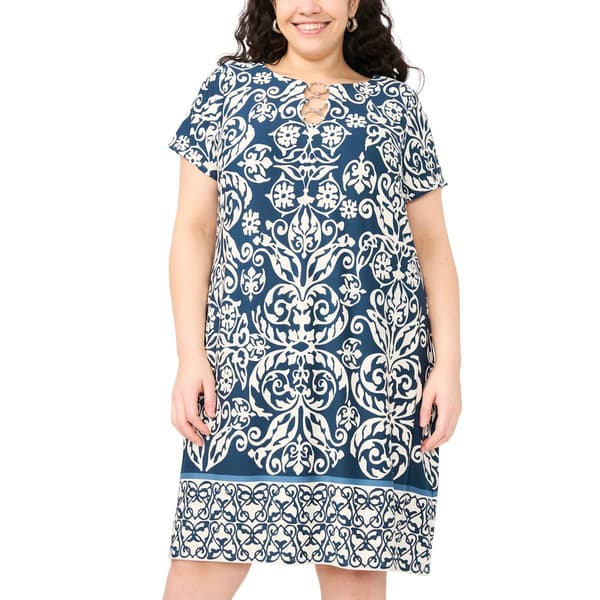 Plus MSK Short Sleeve Border Print It 3 Ring Dress - image 