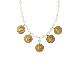 1928 14kt. Gold-Tone Coin White Faux Pearl Bib Necklace