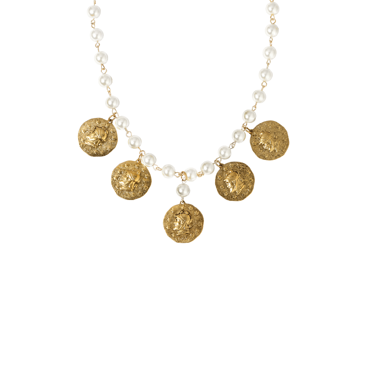 1928 14kt. Gold-Tone Coin White Faux Pearl Bib Necklace
