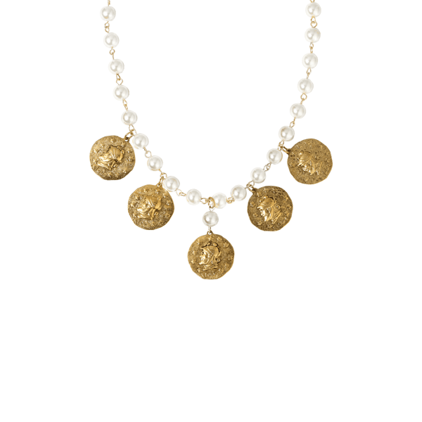 1928 14kt. Gold-Tone Coin White Faux Pearl Bib Necklace