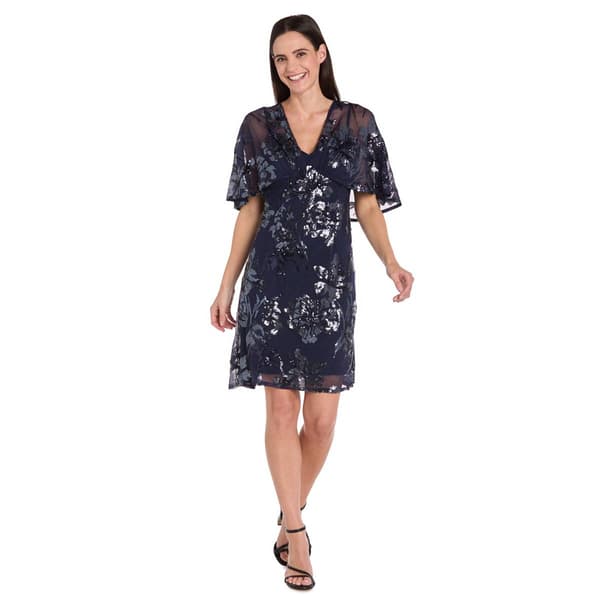 Petite R&M Richards Flutter Sleeve V Neck Beaded Floral Dress - image 