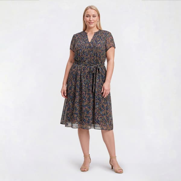 Plus Size MSK Short Sleeve Ditsy Floral Pintuck A-Line Dress