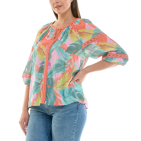 Womens Zac & Rachel 3/4 Sleeve Keyhole Neck Tropical Blouse