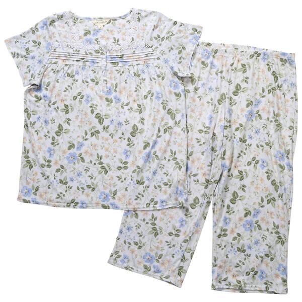 Womens Laura Ashley Short Sleeve Floral Lace Capri Pajama Set - image 