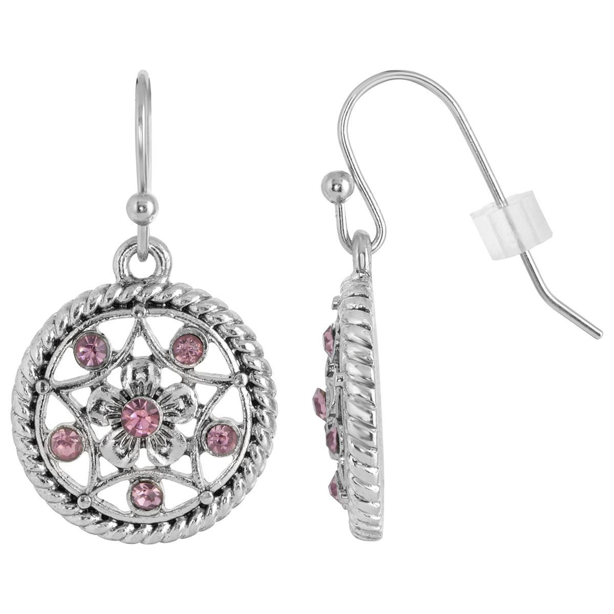 1928 Silver-Tone/Amethyst Flower Drop Earrings