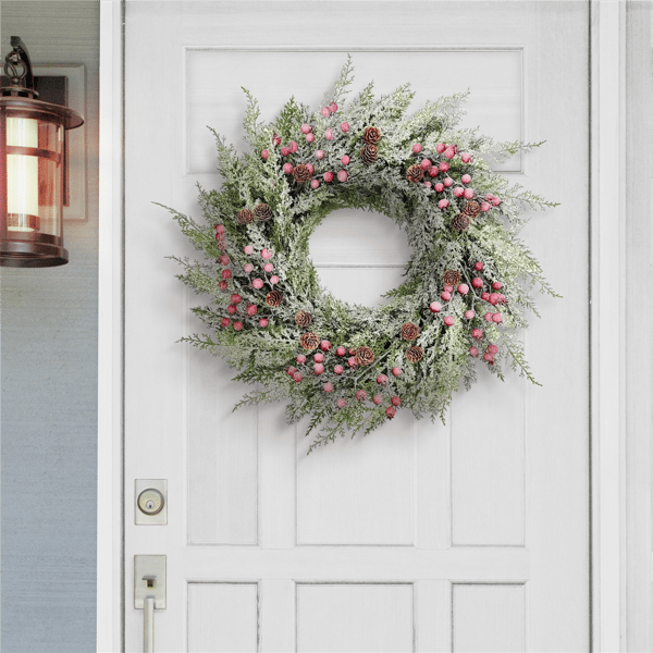 Puleo International Pre-Lit Flocked Wreath Adorned with Pinecones
