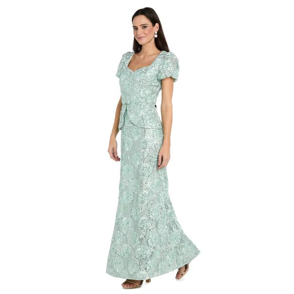 Womens R&M Richards Short Puff Sleeve Floral Sequin Gown