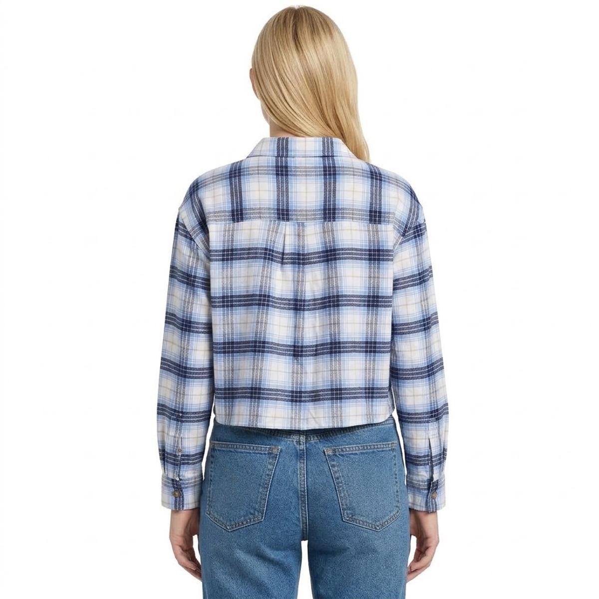 Juniors No Comment Cropped Plaid Flannel Shirt- Blue