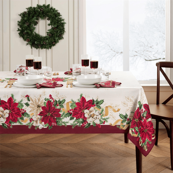 Threadmade Poinsettia Garlands Engineered Tablecloth