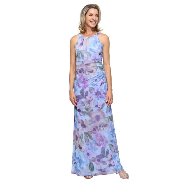 Womens SLNY Sleeveless Floral Mesh Halter Neck Gown - image 