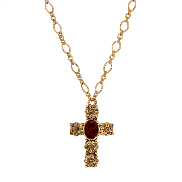 Symbols of Faith Gold-Tone Flower Cross Garnet Oval Necklace - image 