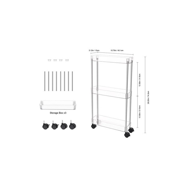 J&V Textiles Chrome Slim Clear Acrylic 3 Tier Cart