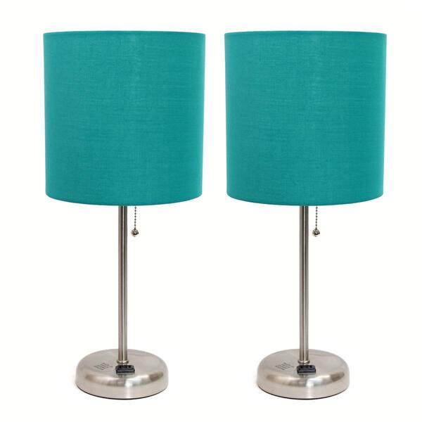 LimeLights Brush Steel Lamp w/Charging Outlet/Teal Shade-Set of 2 - image 