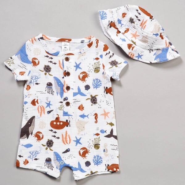 Baby Unisex &#40;3-9M&#41; Baby Essentials&#40;R&#41; Sea Animal Romper & Sun Hat - image 