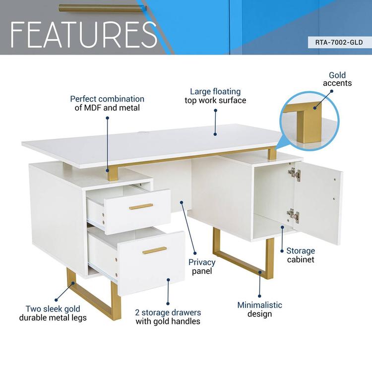 Techni Mobili 51in. White & Gold Office Desk w/Drawers & Storage