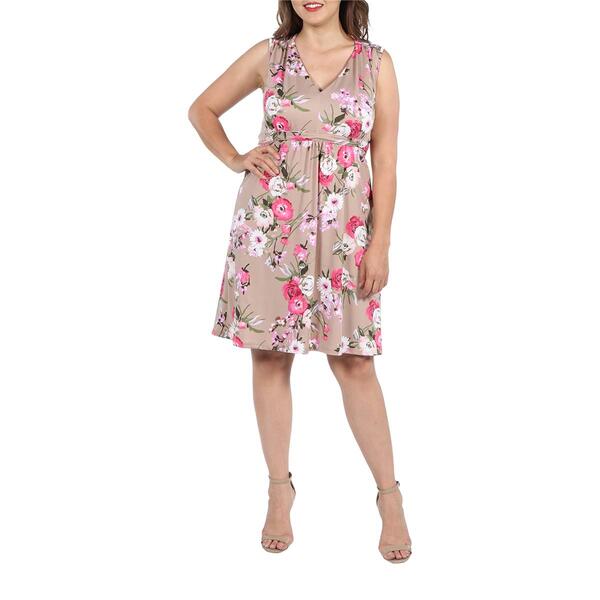Plus Size 24/7 Comfort Apparel Tan Floral Empire Waist Dress - image 