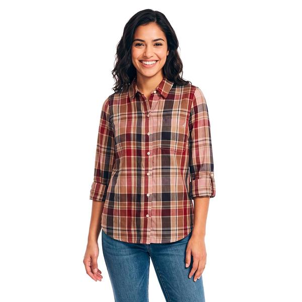 Womens Nautica 3/4 Roll Tab Sleeve Crinkle Plaid Blouse