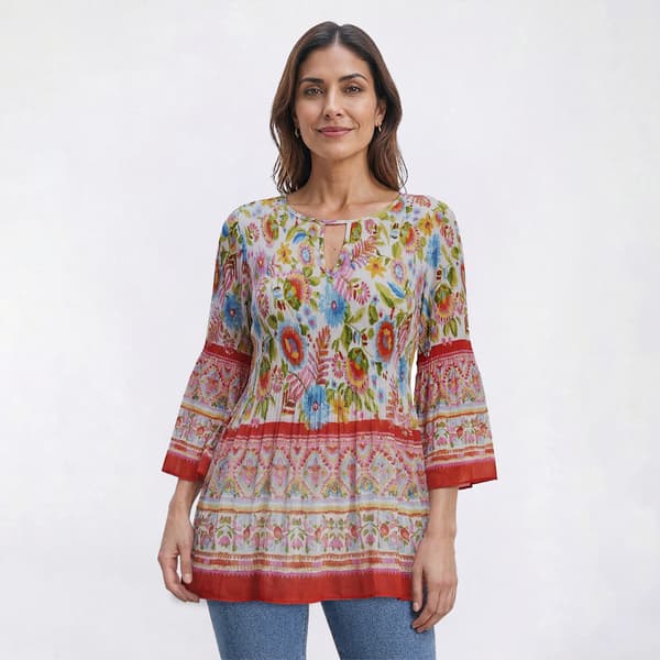 Petite Floral & Ivy 3/4 Sleeve Floral Keyhole Pleater Blouse - image 