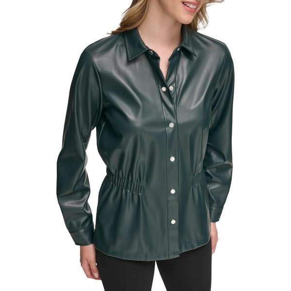 Womens Calvin Klein Cinched Waist Faux Leather Button Up Shirt