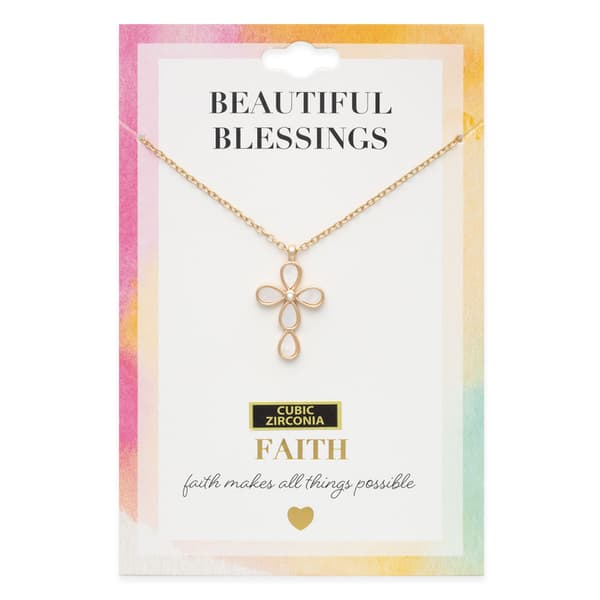 Beautiful Blessings Gold-Tone Mother of Pearl CZ Cross Necklace