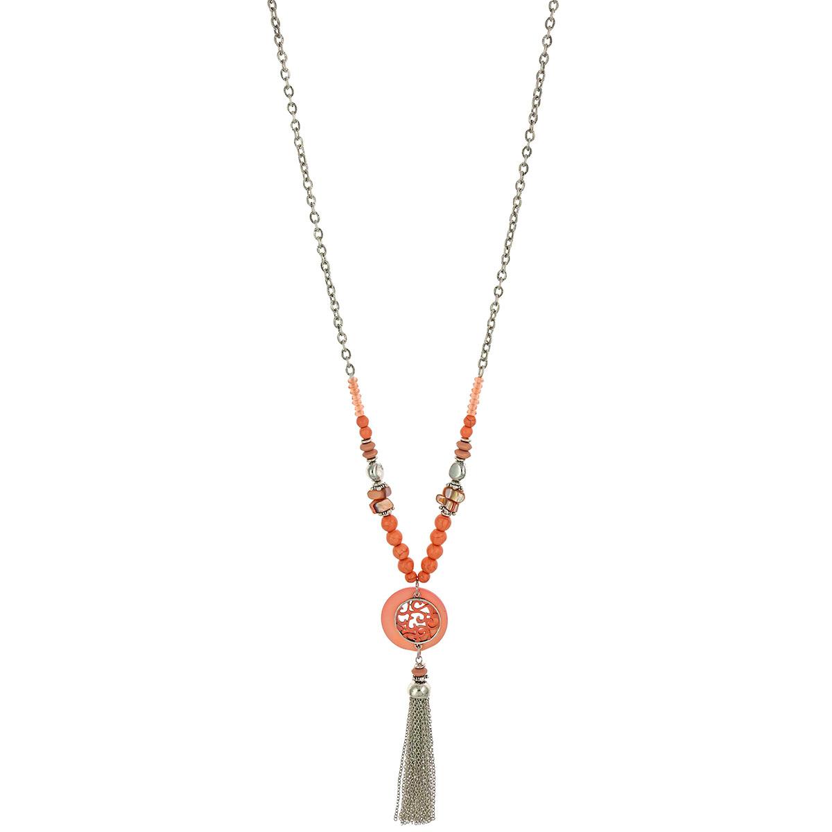 Ruby Rd. Silver-Tone Long Coral Beaded & Coral Shell Pendant