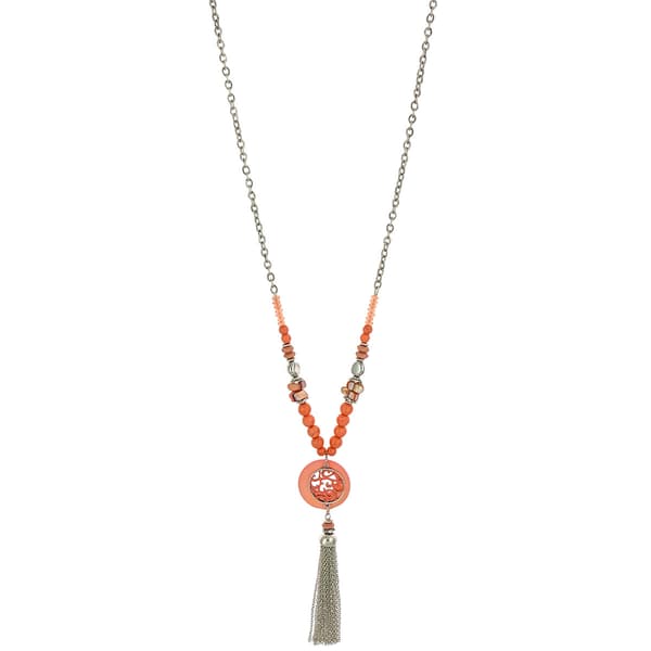 Ruby Rd. Silver-Tone Long Coral Beaded & Coral Shell Pendant - image 