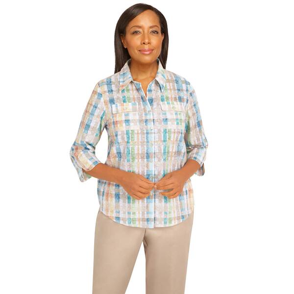 Petite Alfred Dunner Coconut Grove Woven Plaid Burnout Blouse - image 