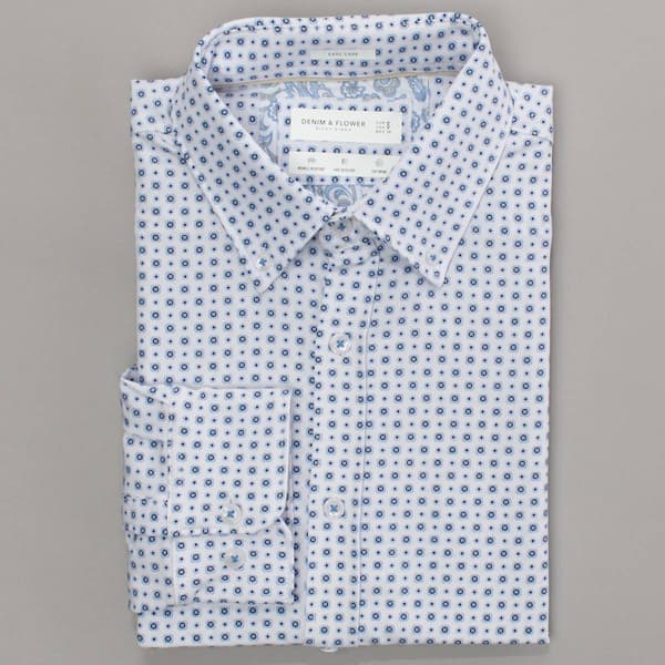 Mens Denim & Flower Geometric Dress Shirt - White/Blue - image 