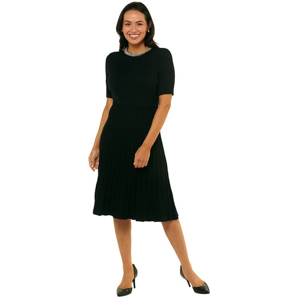 Womens Ninety Clothing Short Sleeve Jewel Trim Neck Sweater Dress - image 