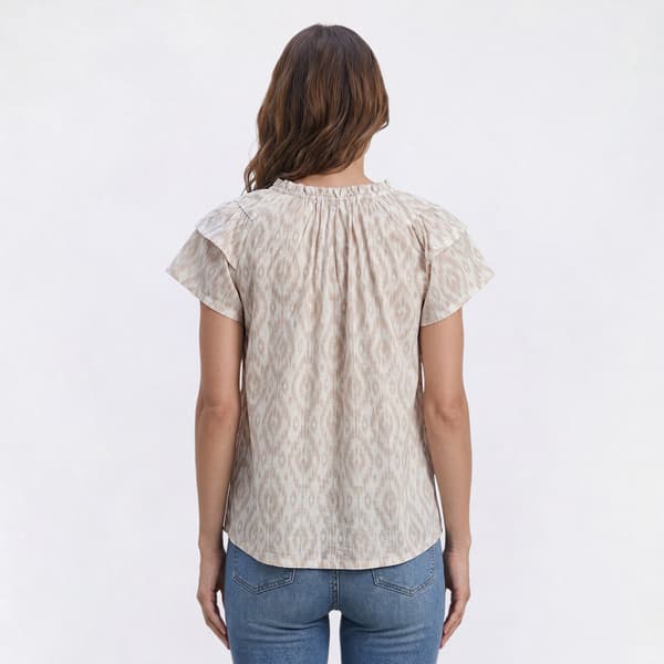 Womens Absolutely Famous Short Sleeve Ruffle Neck Ikat Blouse