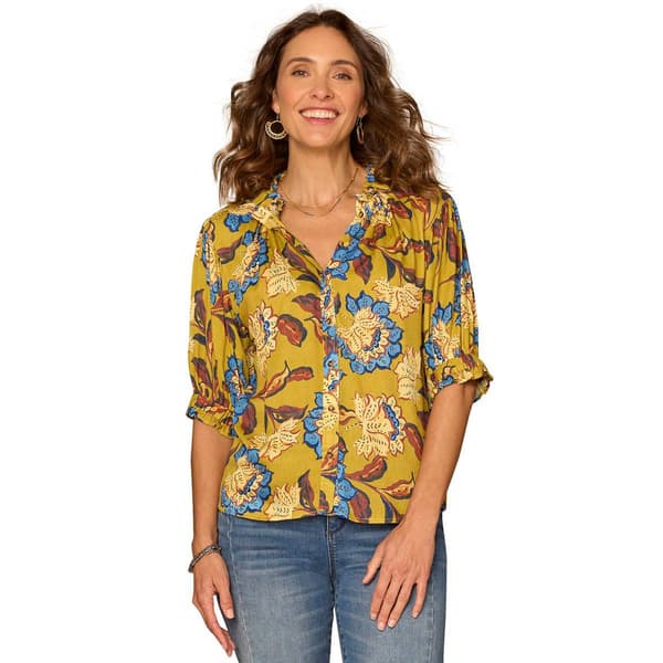 Petite Democracy Ruffle Cuff Sleeve Leaf Button Down Blouse