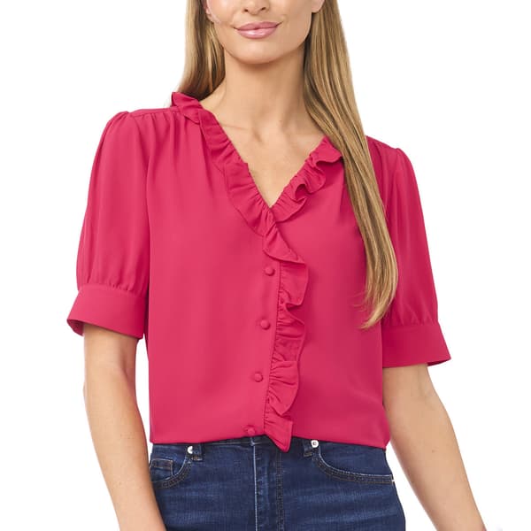 Womens Cece Short Puff Sleeve Ruffle Button Front Blouse