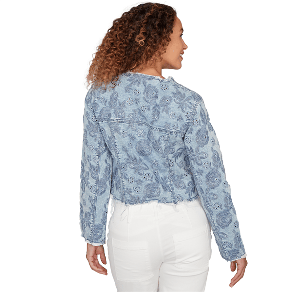 Womens Skye’s the Limit Fresh Start Embroidered Denim Jacket