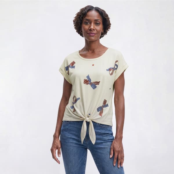 Womens Tru Self Short Dolman Sleeve Tie Front Star Bow Tee - image 