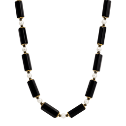 1928 Semi-Precious Onyx Tube & Faux Pearl Bead Necklace