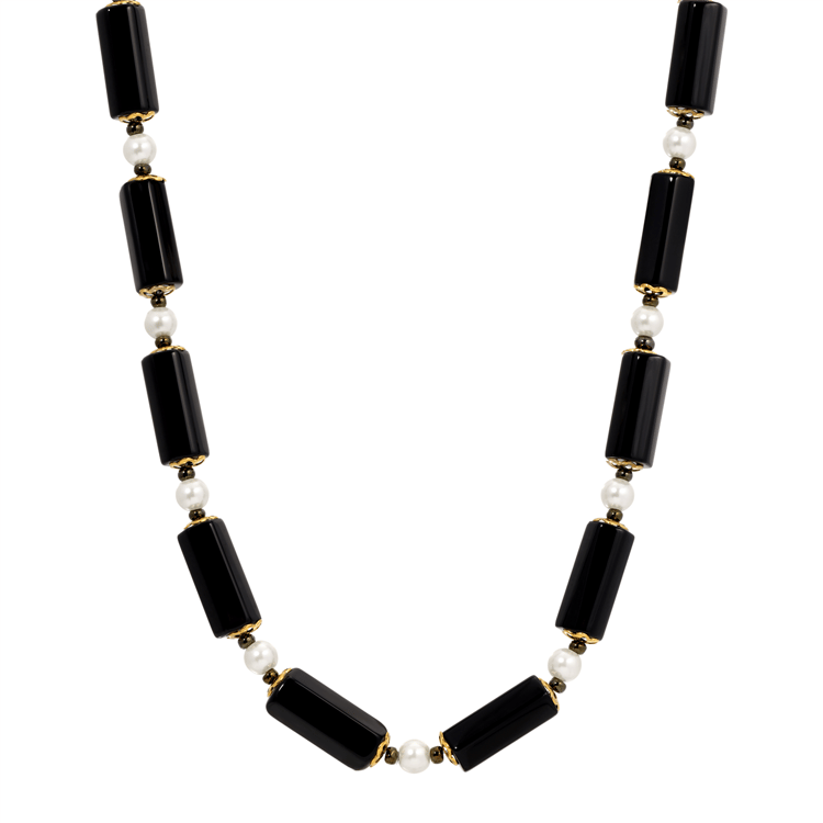 1928 Semi-Precious Onyx Tube & Faux Pearl Bead Necklace