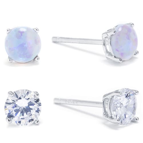 Athra Sterling Silver Opal and CZ Stud Earrings Set