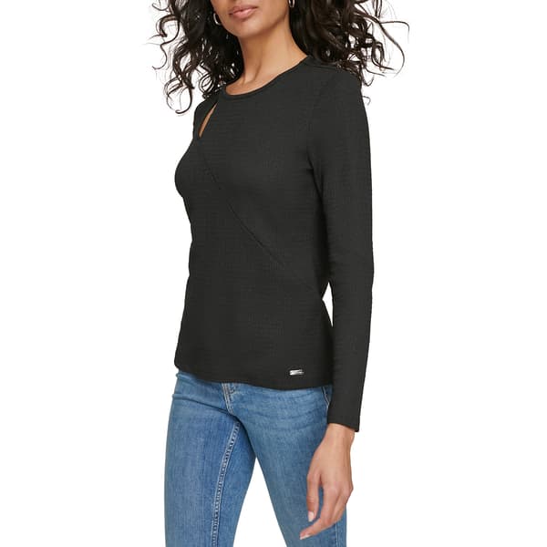 Womens Calvin Klein Long Sleeve Smocked Abstract Cutout Knit Tee