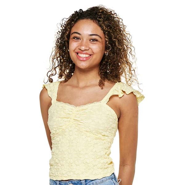 Juniors Pink Rose Ruffle Sleeve Flower Lace Top With Front Ruch