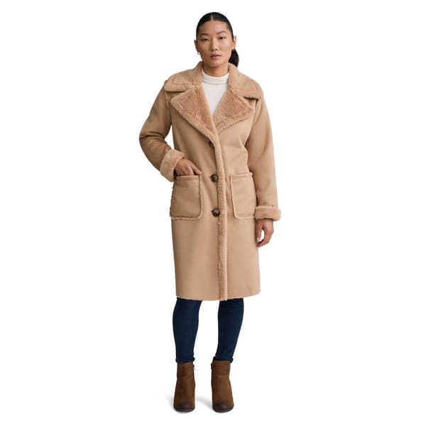 Womens NVLT Sueded Mid Length Shearling Coat w/Faux Fur Lining