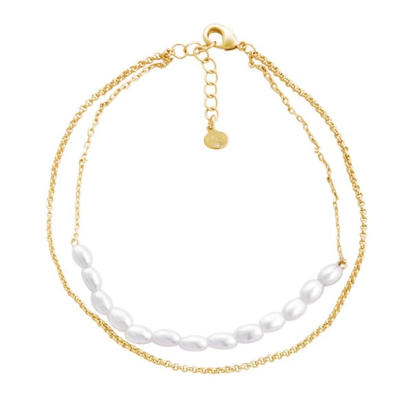 Barefootsies Gold Over Brass Simulated Pearl 2-Strand Anklet - image 