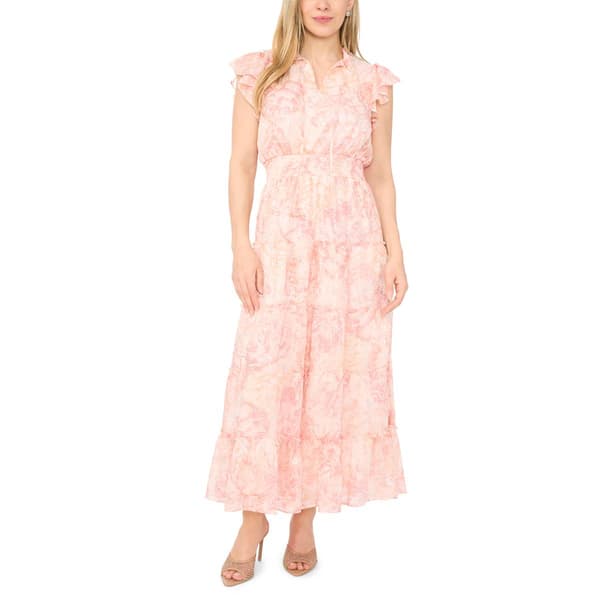 Petites MSK Short Sleeve Tie Neck Print Chiffon Tier Maxi