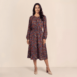 Womens Draper James Long Sleeve Floral Keyhole Neck Midi Dress
