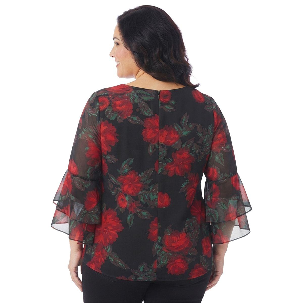 Plus Size Kasper 3/4 Ruffle Sleeve Blurred Floral Blouse