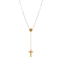 Symbols of Faith Gold Tone White Bead Virgin Mary Locket Rosary