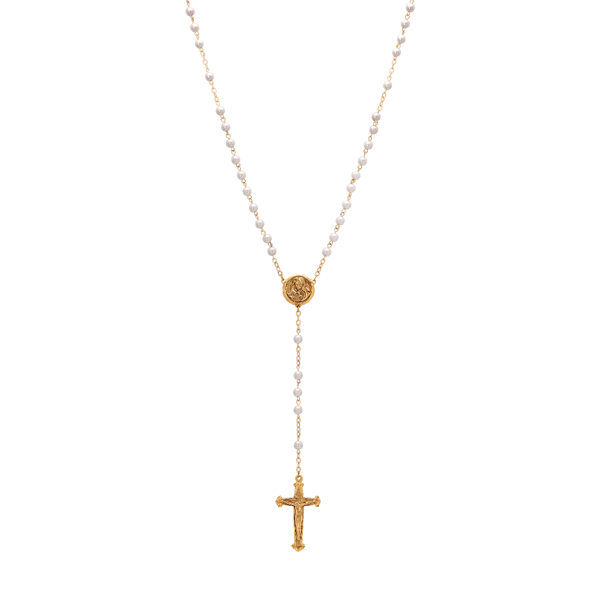 Symbols of Faith Gold-Tone White Bead Virgin Mary Rosary