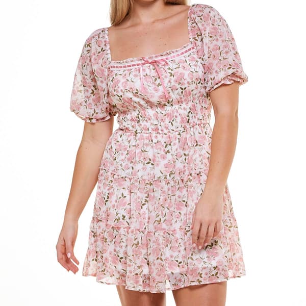 Juniors Trixxi Puff Sleeve Emma Floral Tier Sheath Dress
